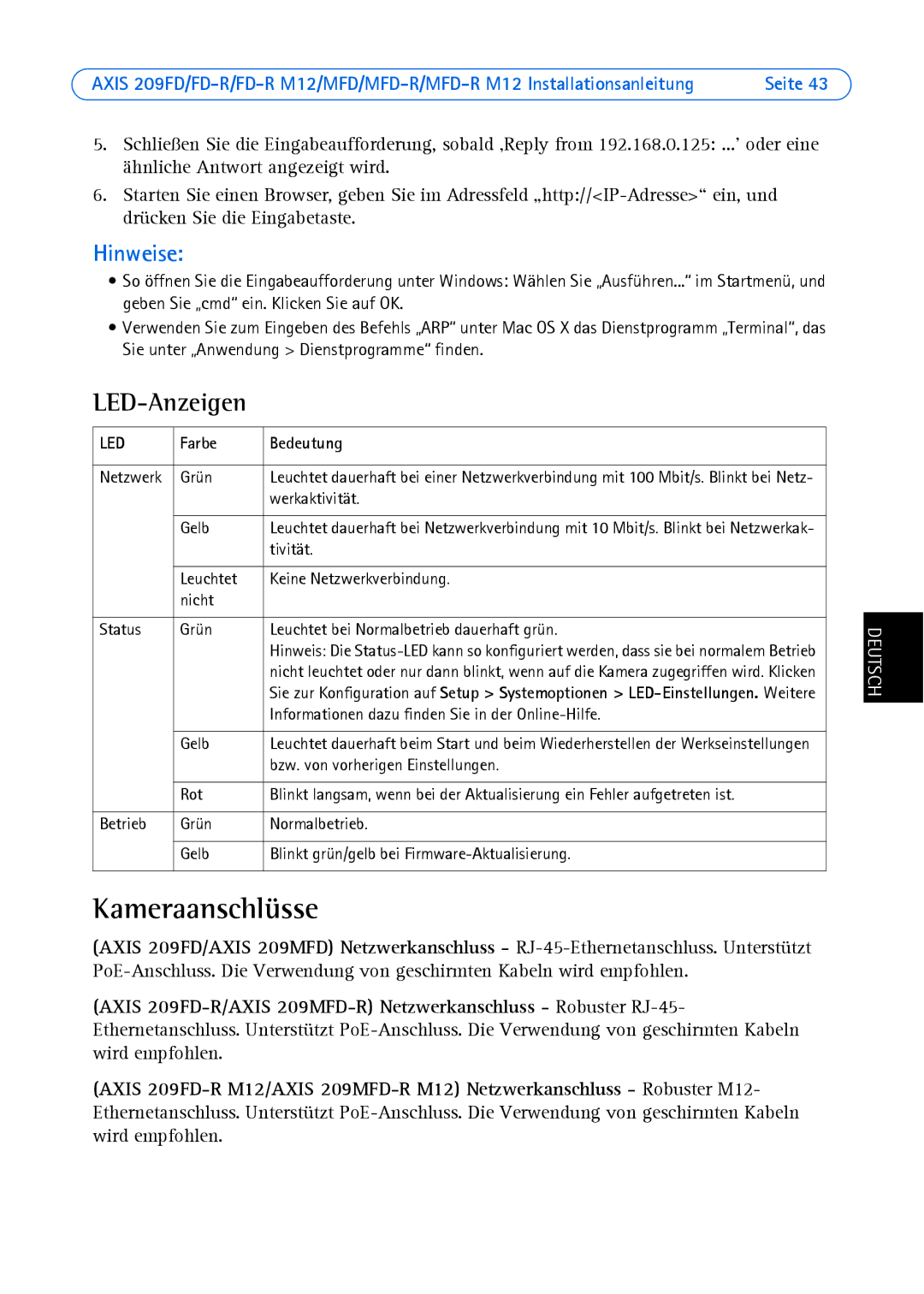 Axis Communications 209 FD-R M12, 209MFD, 209FD-R, 209 MFD-R M12 manual Kameraanschlüsse, LED-Anzeigen, Farbe Bedeutung 