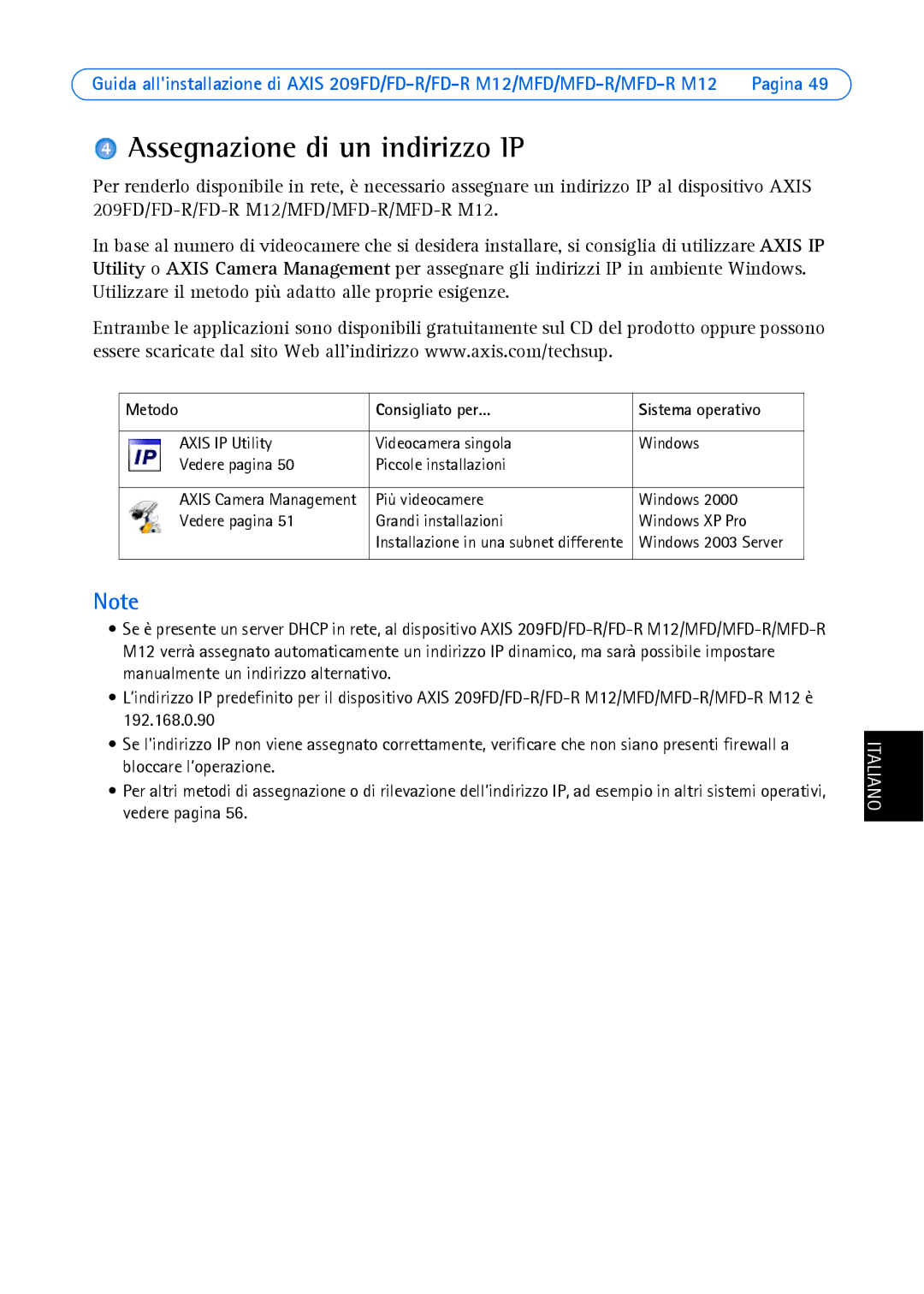 Axis Communications 209 MFD-R, 209MFD, 209FD-R Assegnazione di un indirizzo IP, Metodo Consigliato per… Sistema operativo 