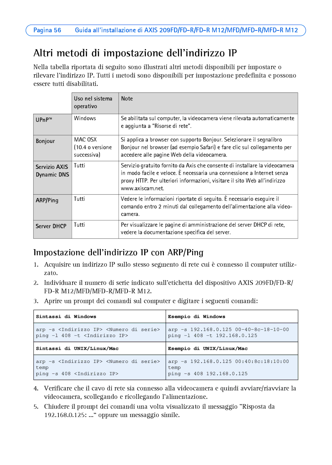 Axis Communications 209FD-R Altri metodi di impostazione dell’indirizzo IP, Impostazione dellindirizzo IP con ARP/Ping 