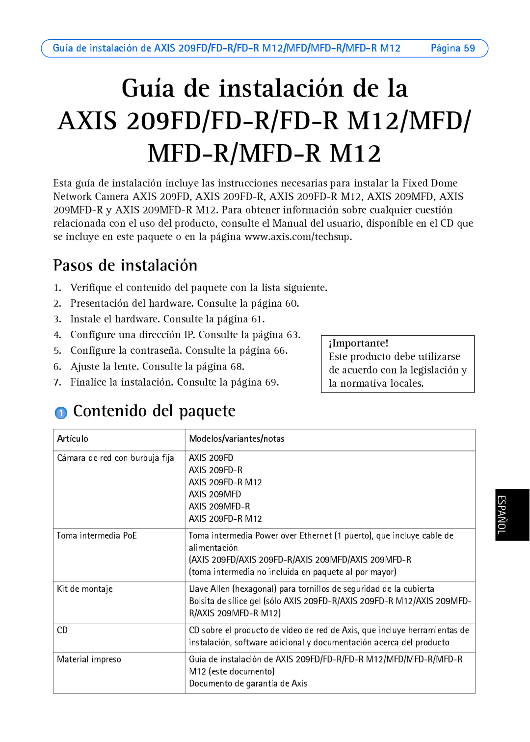 Axis Communications 209 MFD-R, 209MFD manual Pasos de instalación, Contenido del paquete, Artículo Modelos/variantes/notas 