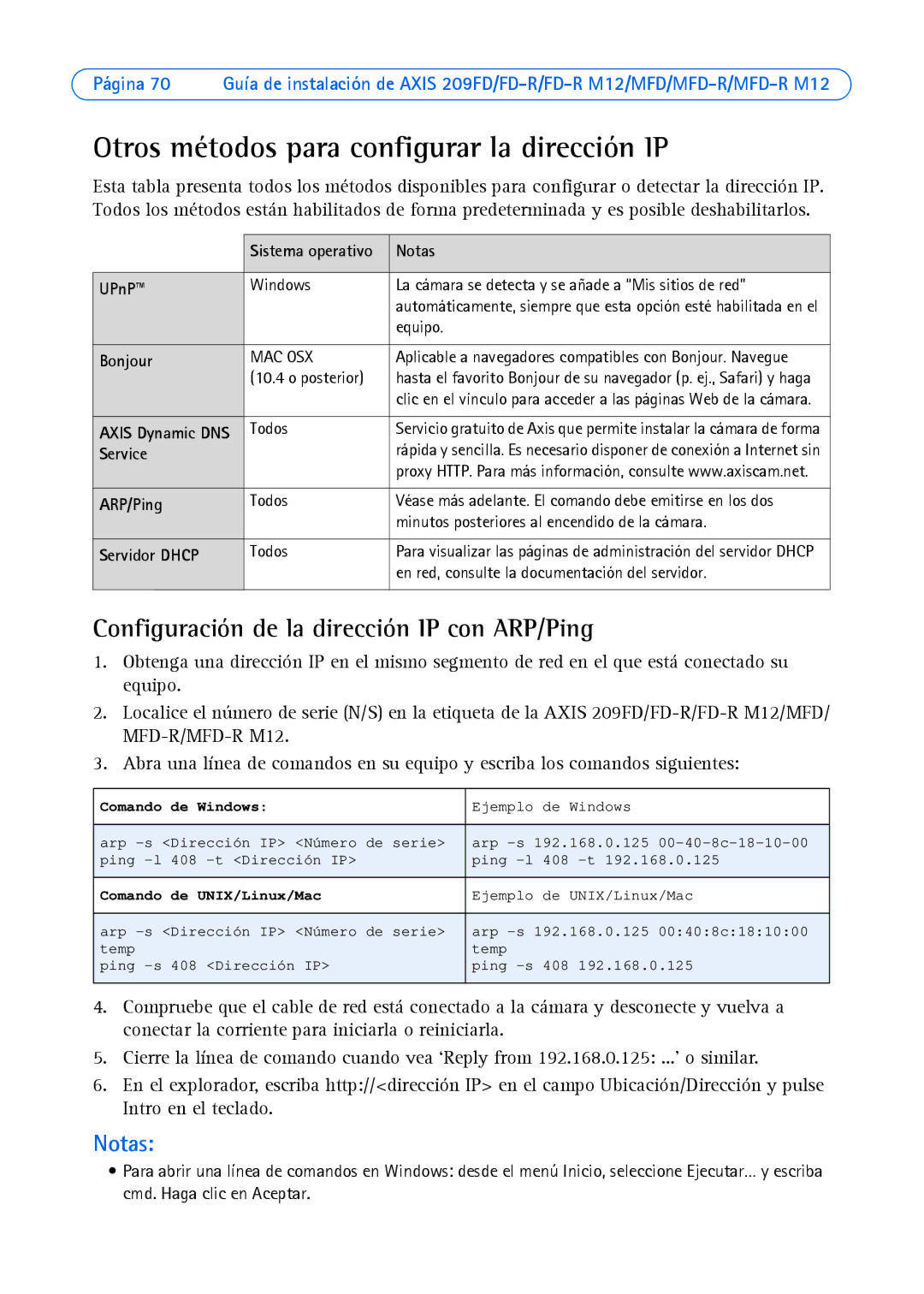 Axis Communications 209MFD Otros métodos para configurar la dirección IP, Configuración de la dirección IP con ARP/Ping 