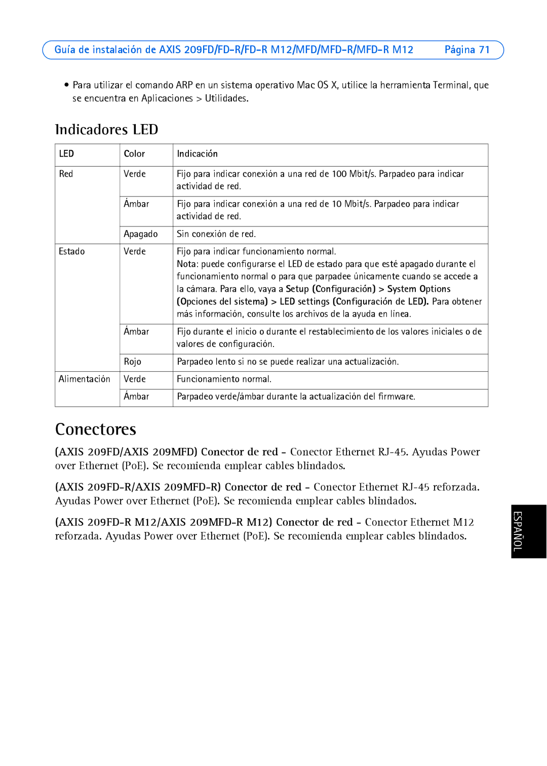 Axis Communications 209FD-R, 209MFD, 209 MFD-R M12, 209 FD-R M12 manual Conectores, Indicadores LED, Color Indicación 