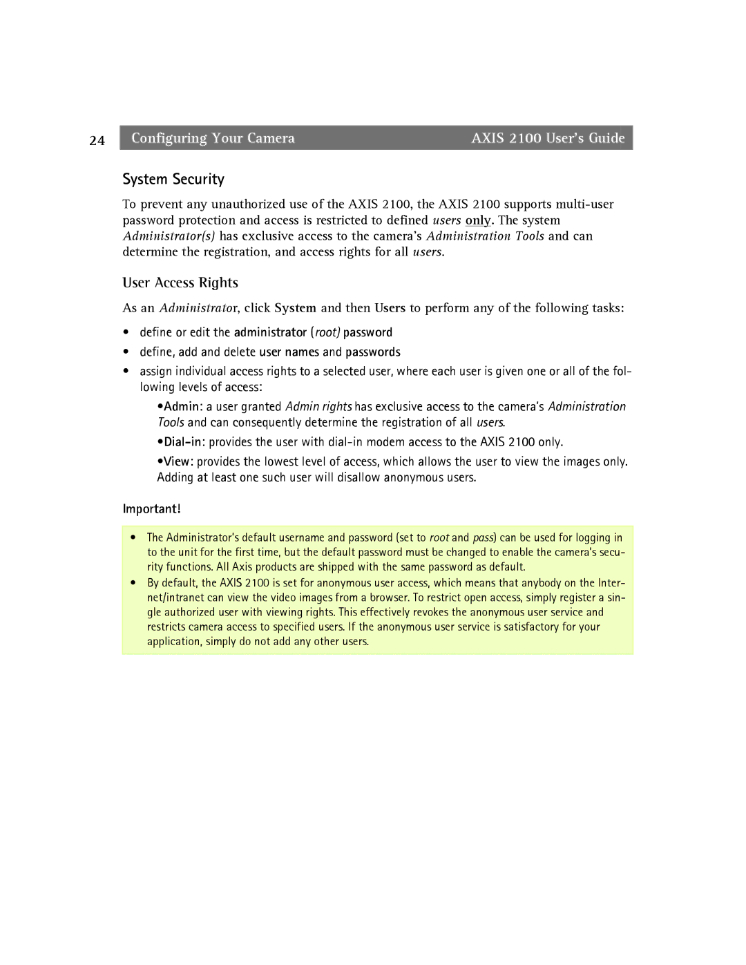 Axis Communications 2100 manual System Security, User Access Rights 