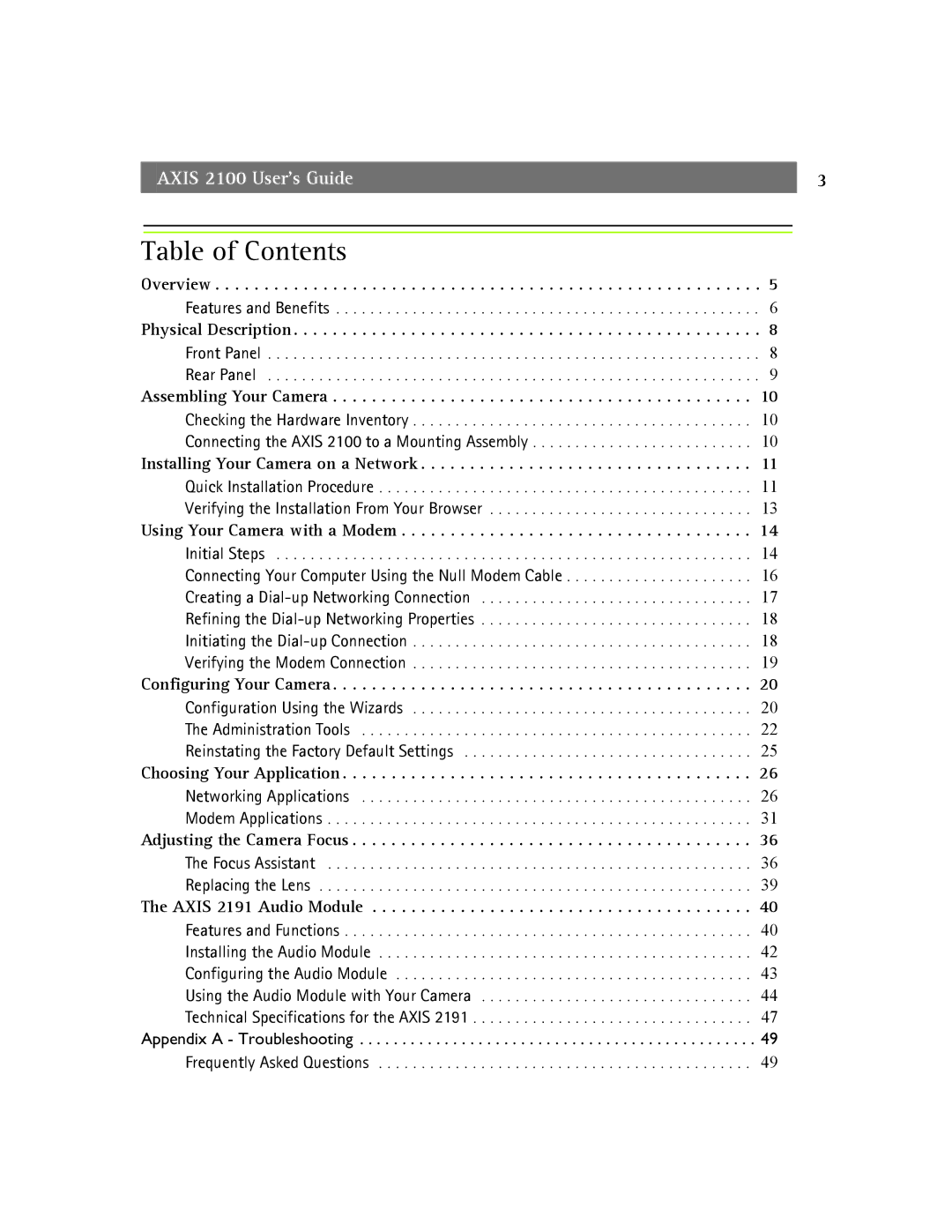 Axis Communications 2100 manual Table of Contents 