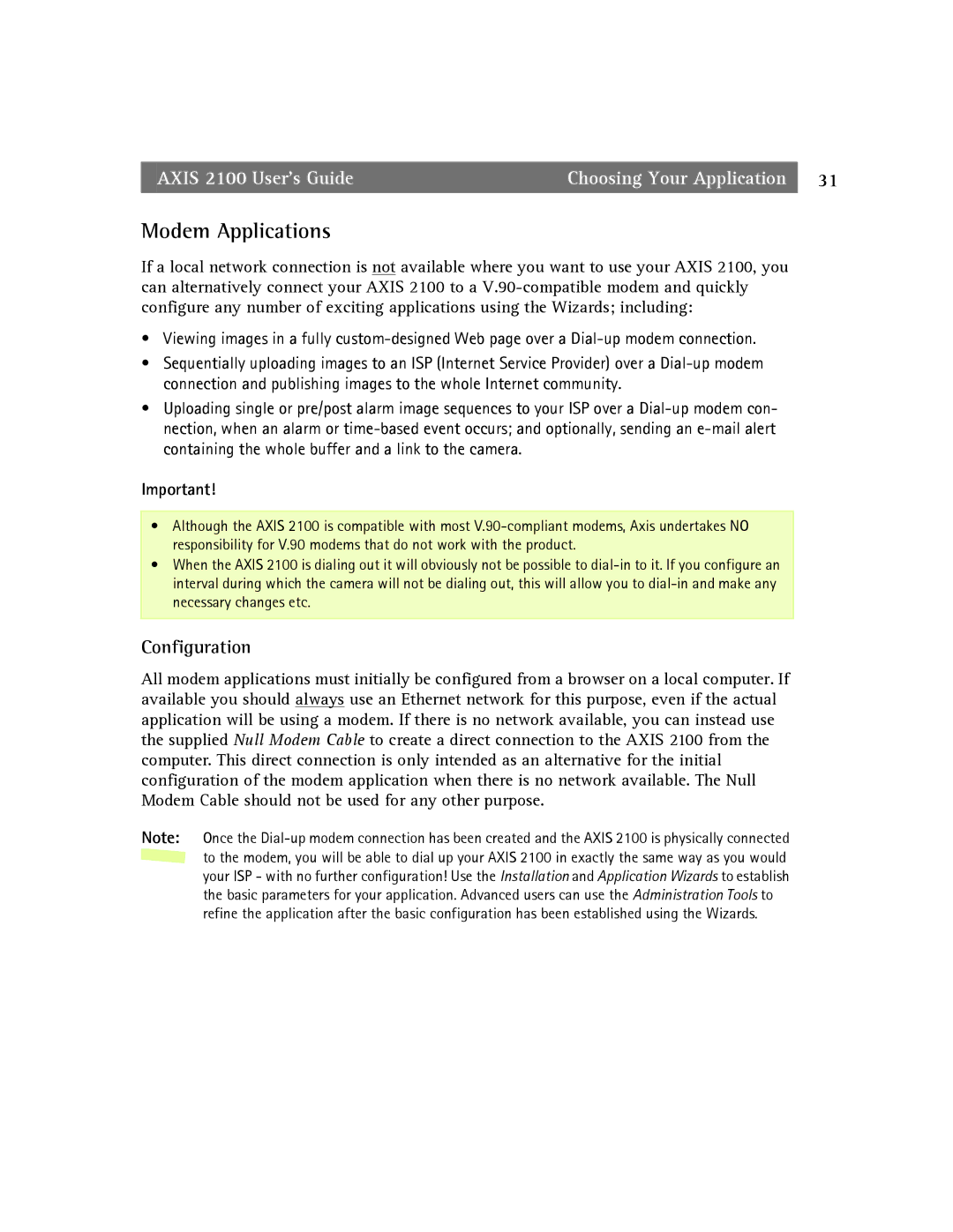 Axis Communications 2100 manual Modem Applications, Configuration 