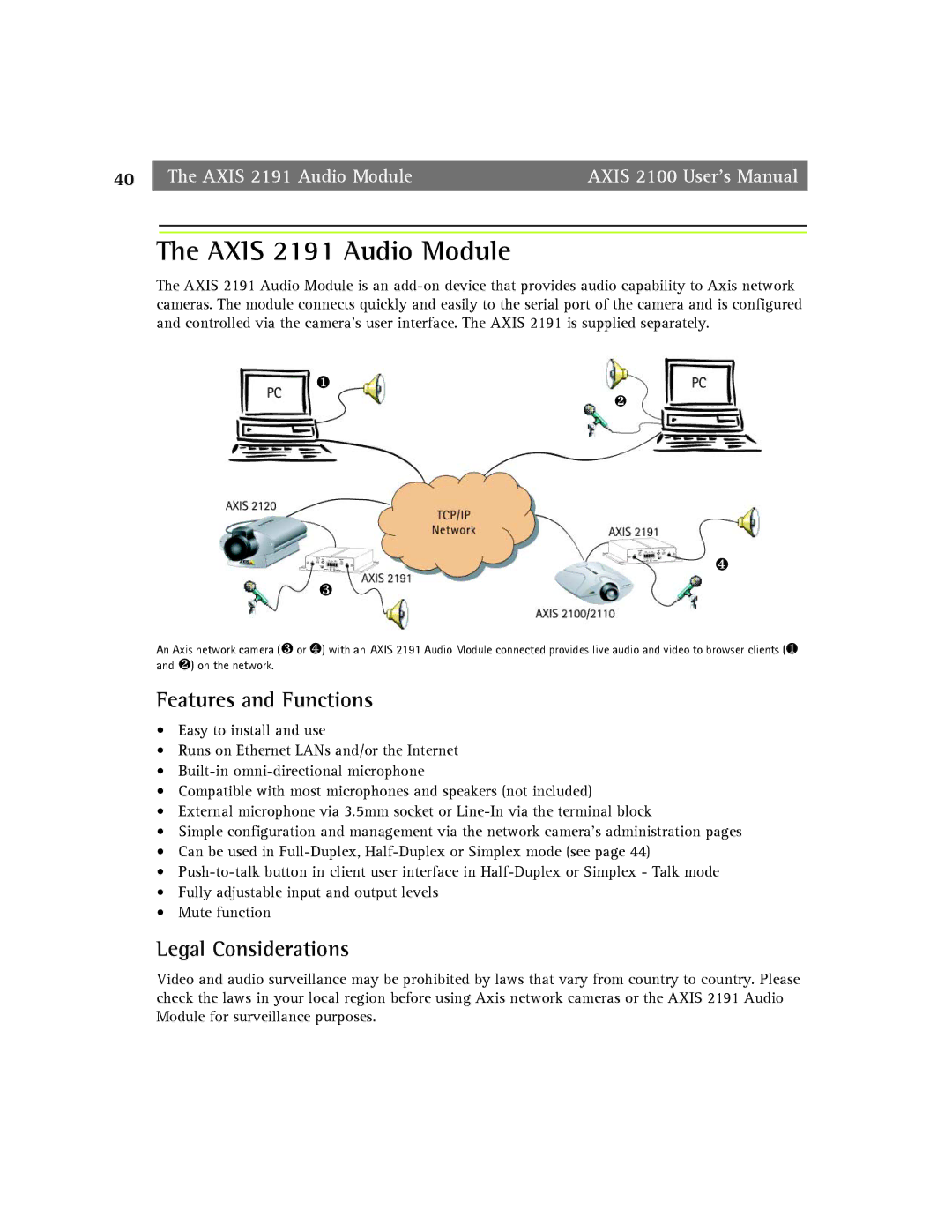 Axis Communications 2100 manual Axis 2191 Audio Module, Features and Functions, Legal Considerations 