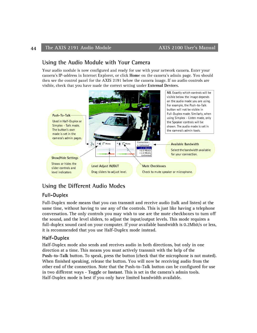 Axis Communications 2100 manual Using the Audio Module with Your Camera, Using the Different Audio Modes, Full-Duplex 