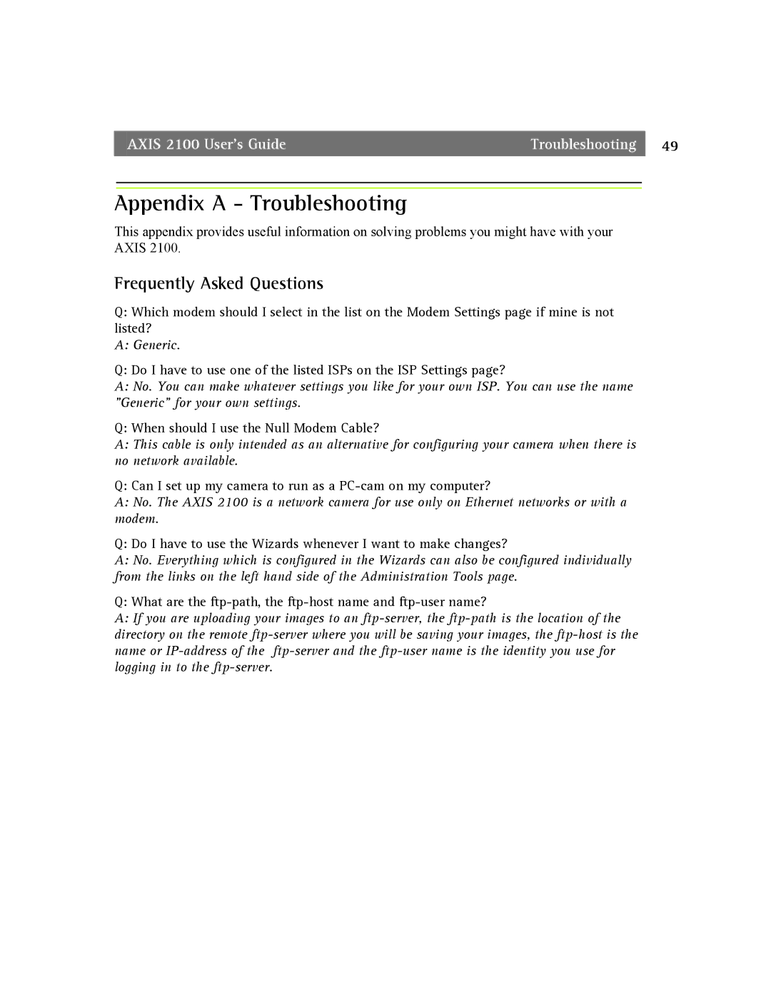 Axis Communications 2100 manual Appendix a Troubleshooting, Frequently Asked Questions 