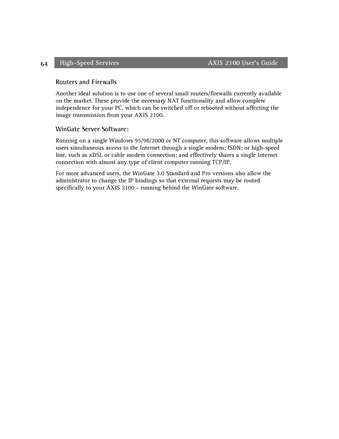 Axis Communications 2100 manual Routers and Firewalls, WinGate Server Software 