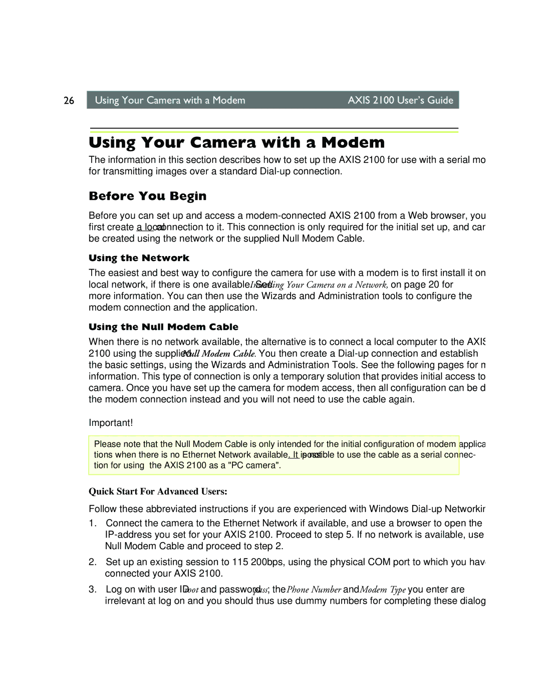 Axis Communications 2100 Using Your Camera with a Modem, Before You Begin, Using the Network, Using the Null Modem Cable 