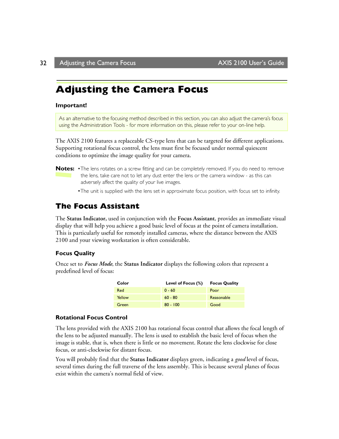 Axis Communications 2100 manual Adjusting the Camera Focus, Focus Assistant, Focus Quality, Rotational Focus Control 