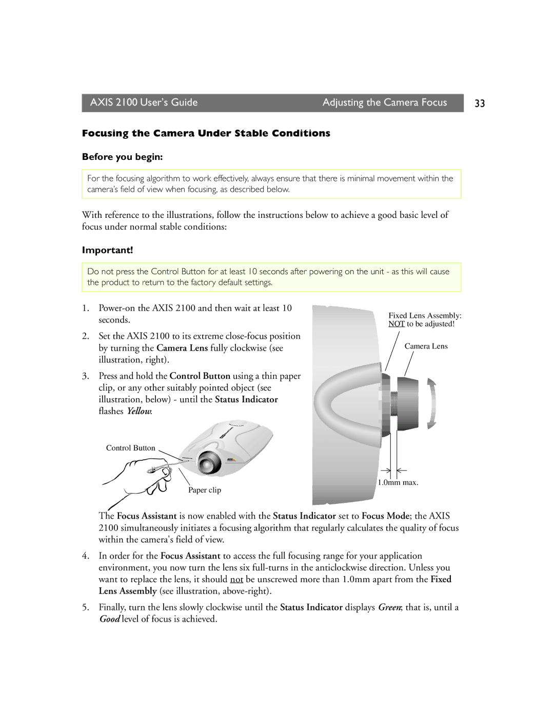 Axis Communications manual Axis 2100 User’s Guide Adjusting the Camera Focus 