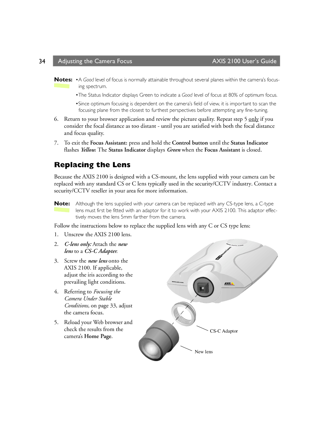 Axis Communications manual Replacing the Lens, Adjusting the Camera FocusAXIS 2100 User’s Guide 