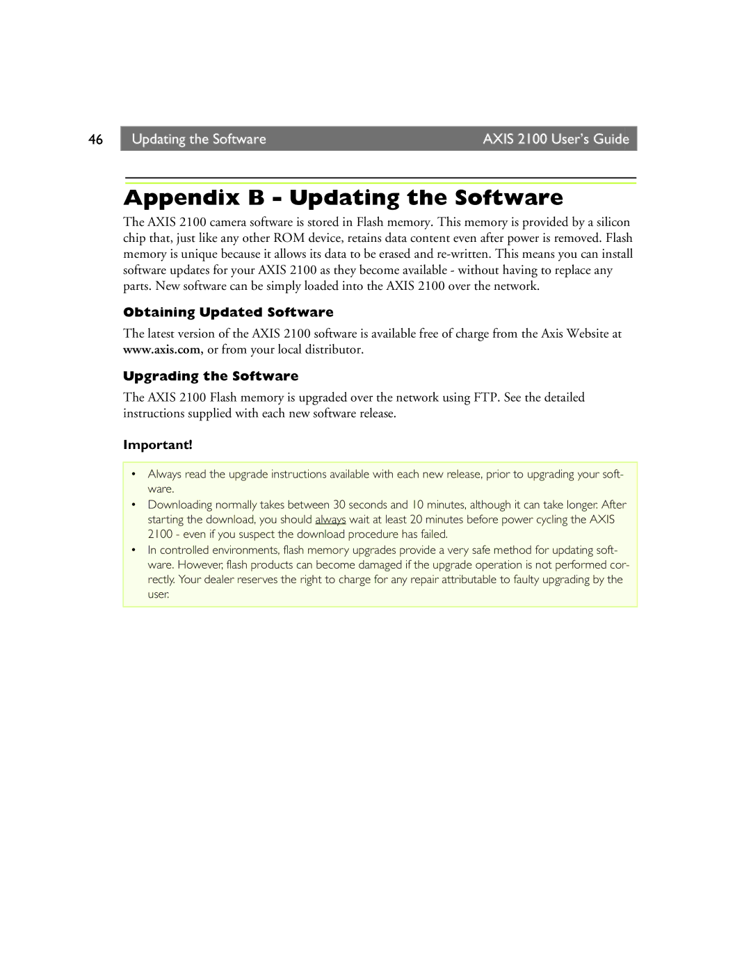 Axis Communications 2100 manual Appendix B Updating the Software, Obtaining Updated Software Upgrading the Software 