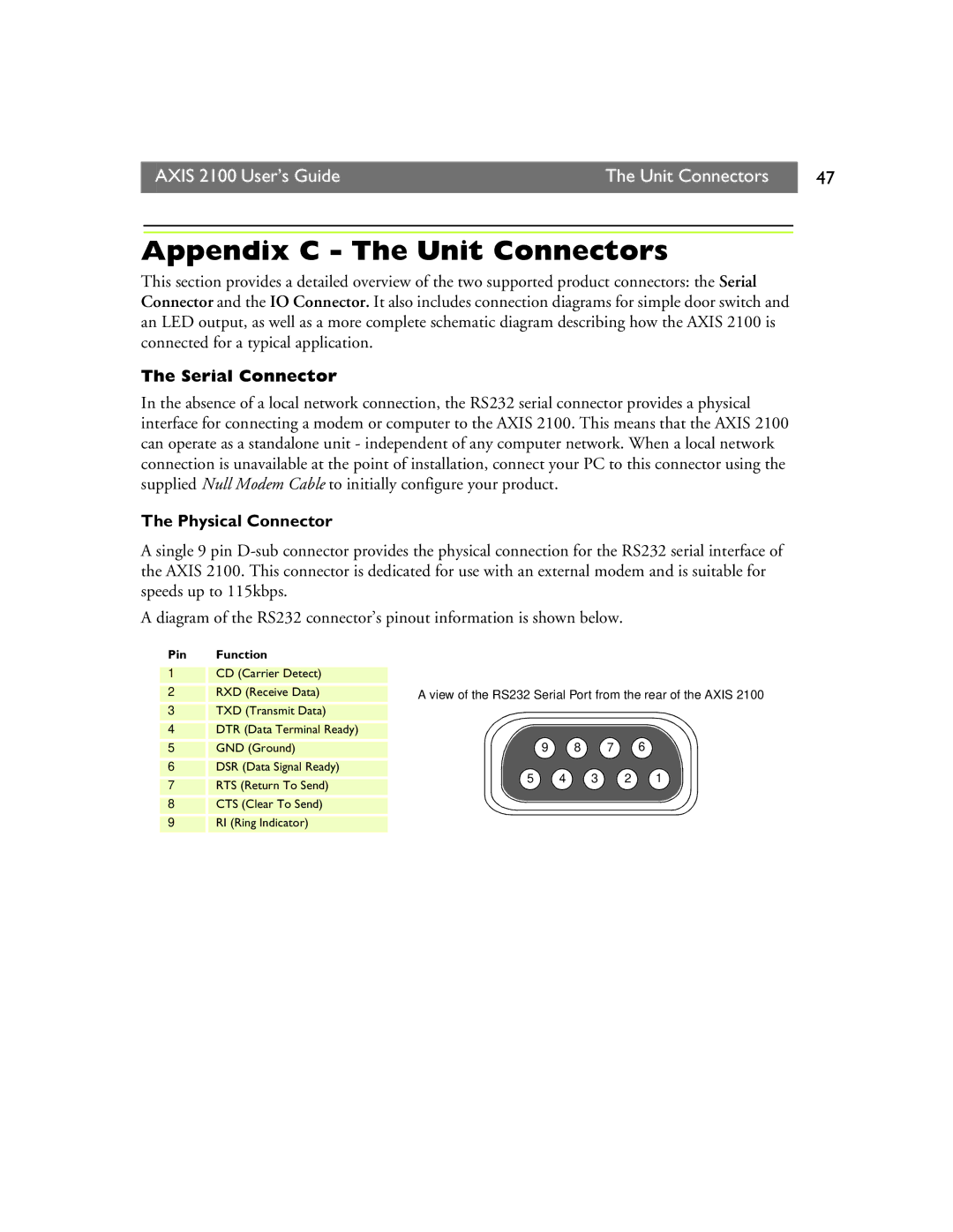 Axis Communications manual Appendix C The Unit Connectors, Axis 2100 User’s Guide Unit Connectors, Serial Connector 