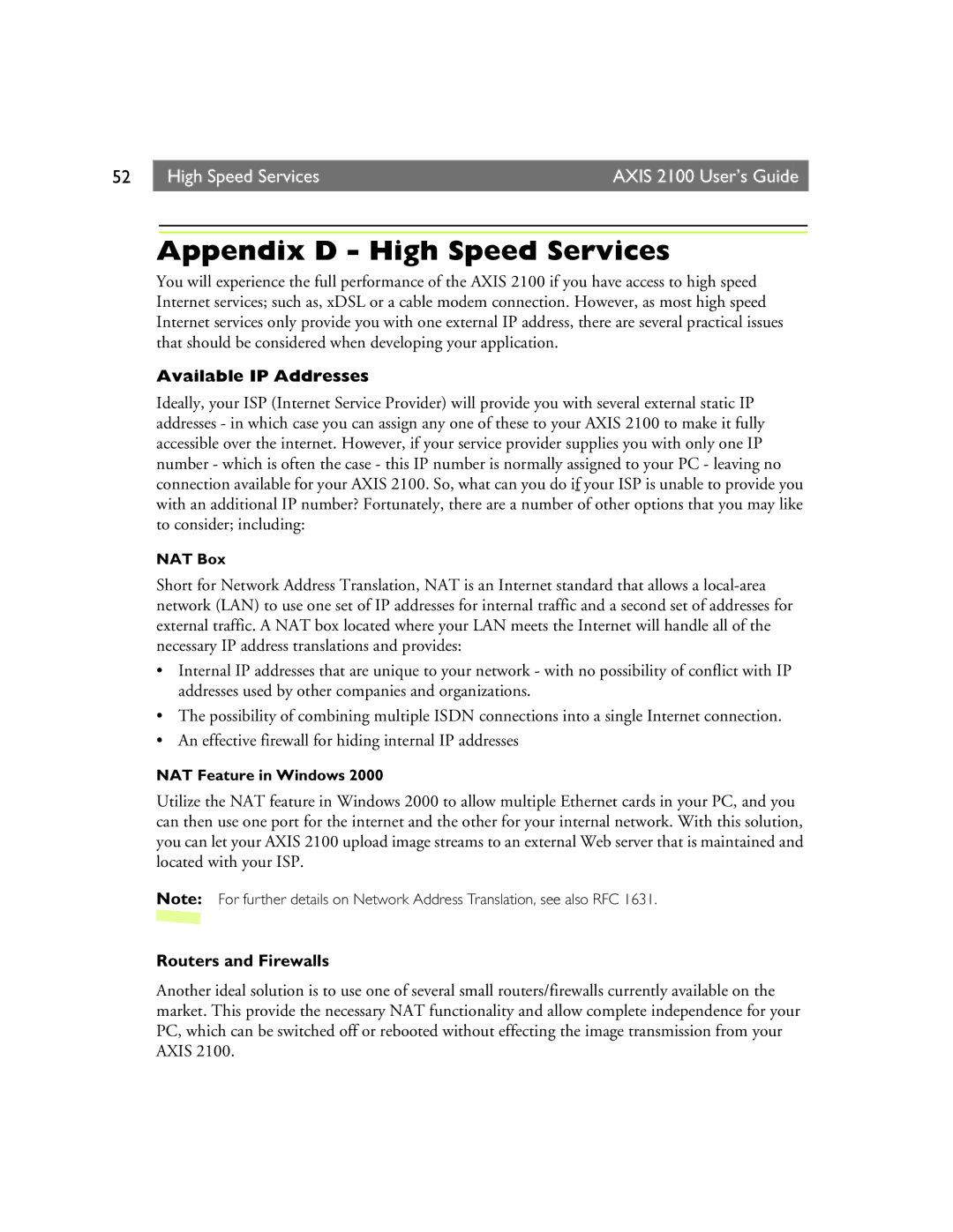 Axis Communications 2100 manual Appendix D High Speed Services, Available IP Addresses, Routers and Firewalls 