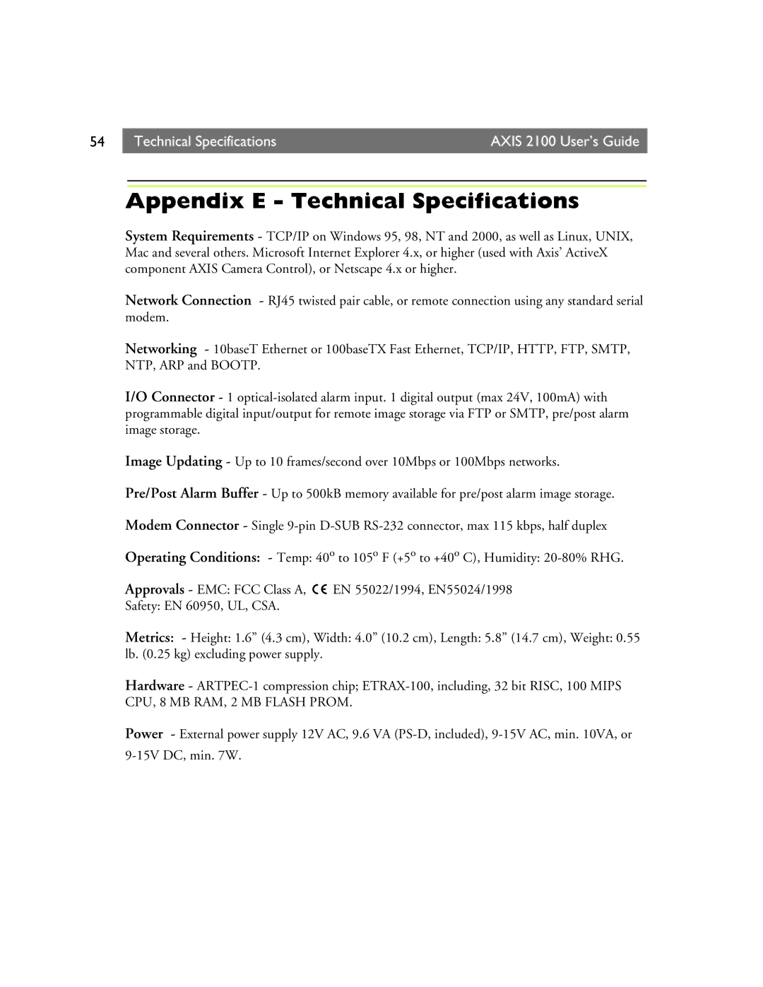 Axis Communications 2100 manual Appendix E Technical Specifications 