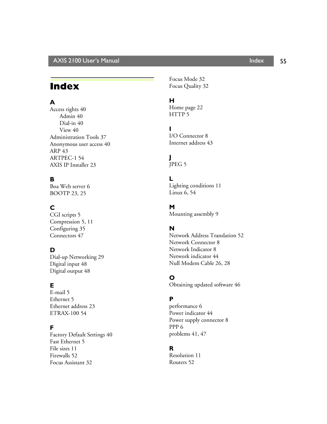 Axis Communications manual Index, Axis 2100 User’s Manual 