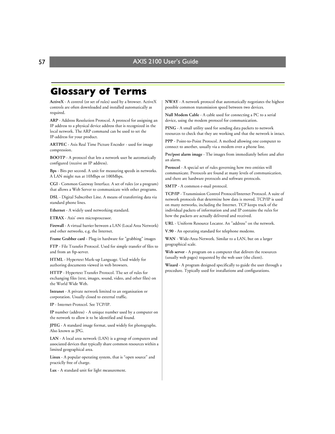 Axis Communications 2100 manual Glossary of Terms, IP Internet-Protocol. See TCP/IP 