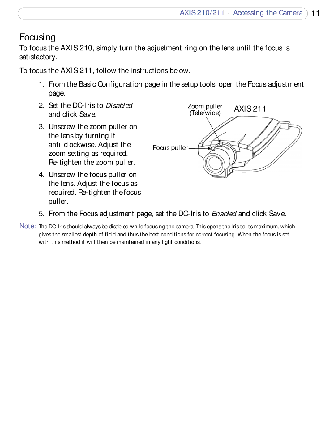 Axis Communications 210/211 user manual Focusing, Axis 