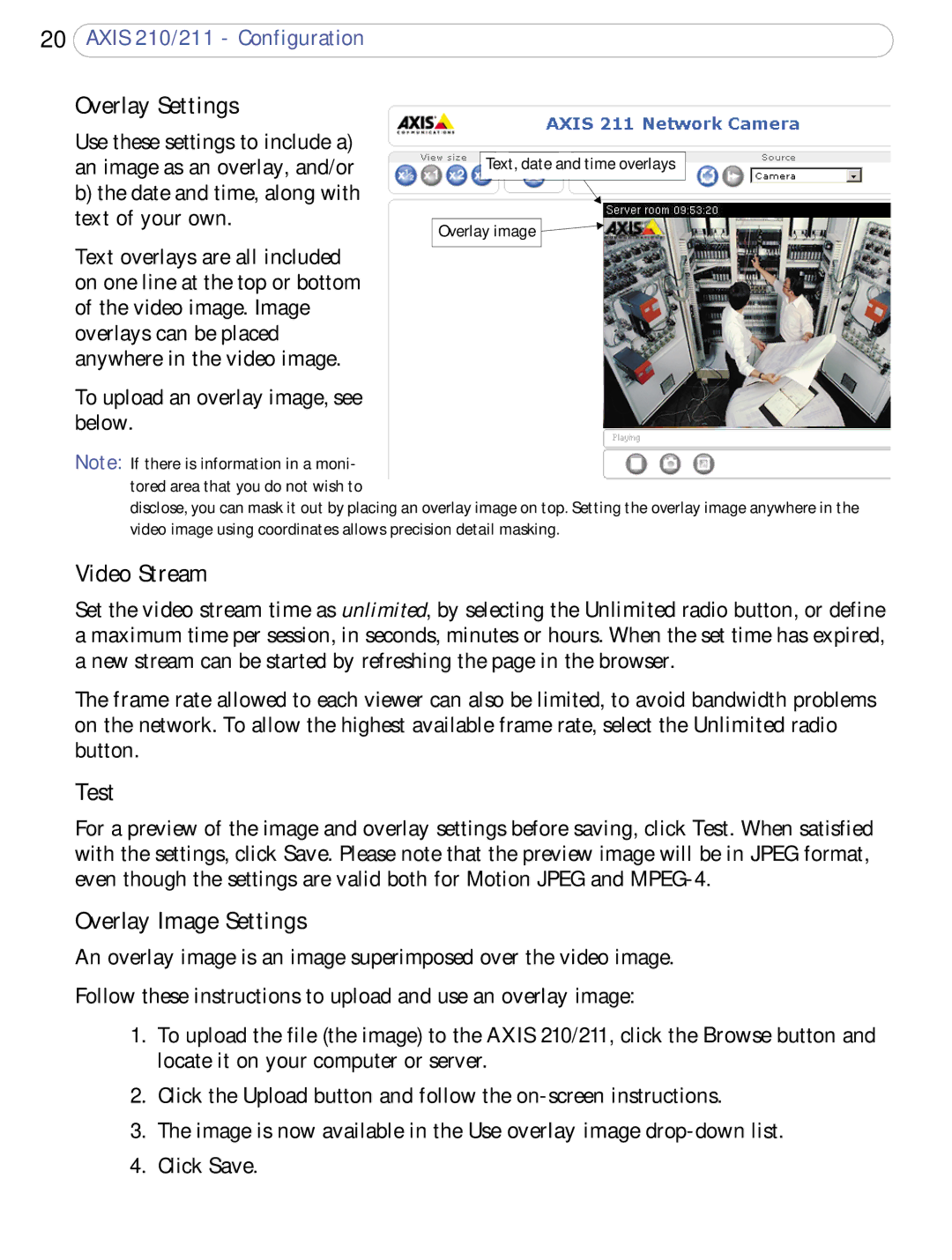 Axis Communications 210/211 user manual Overlay Settings, Video Stream, Test, Overlay Image Settings 