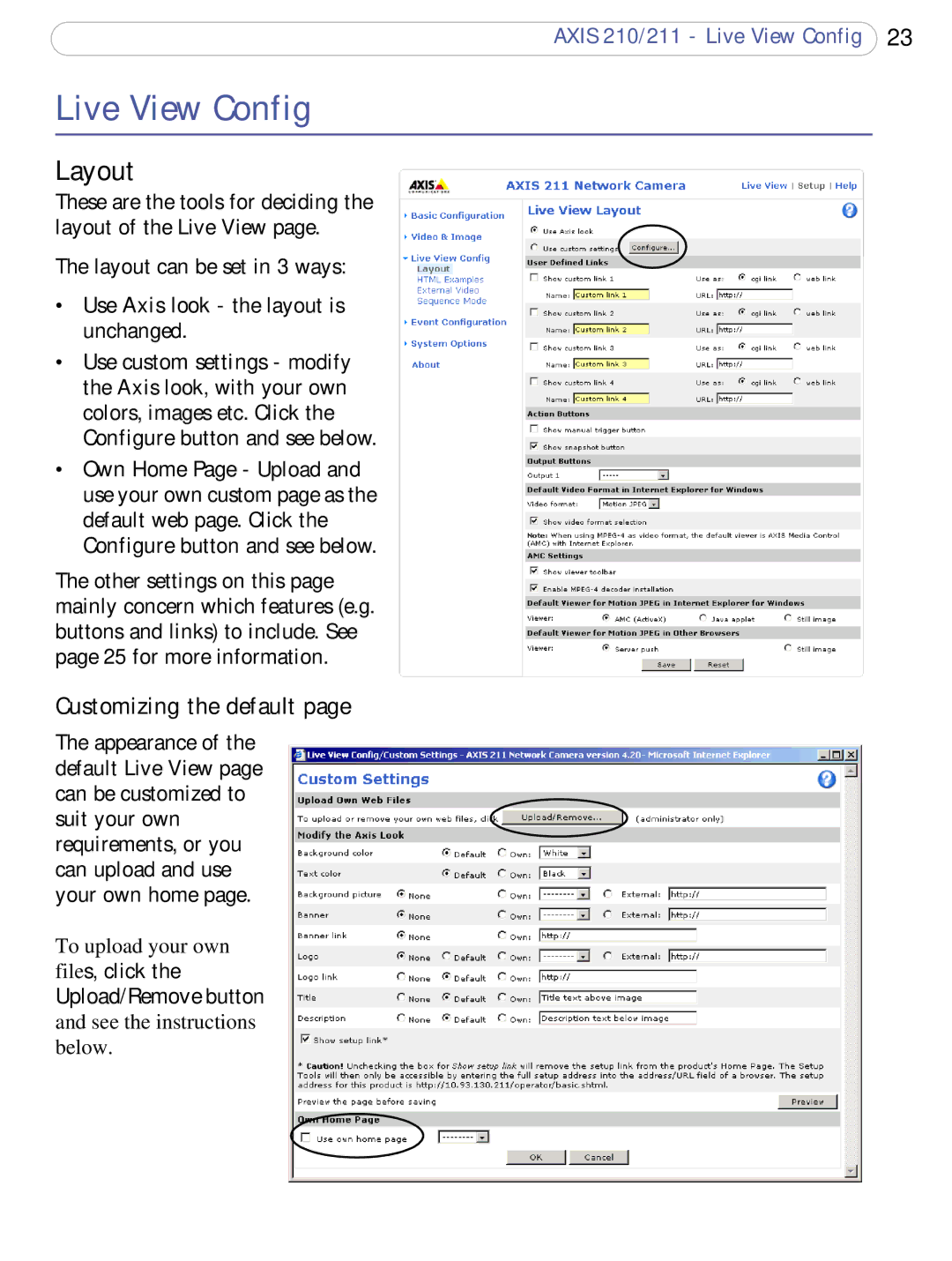 Axis Communications 210/211 user manual Live View Config, Layout, Customizing the default 