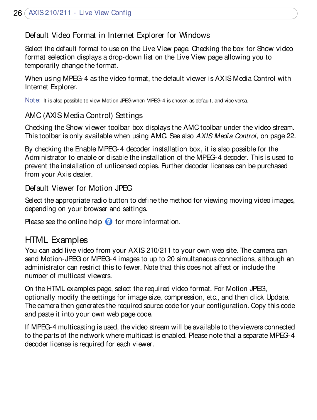 Axis Communications 210/211 user manual Html Examples, Default Video Format in Internet Explorer for Windows 