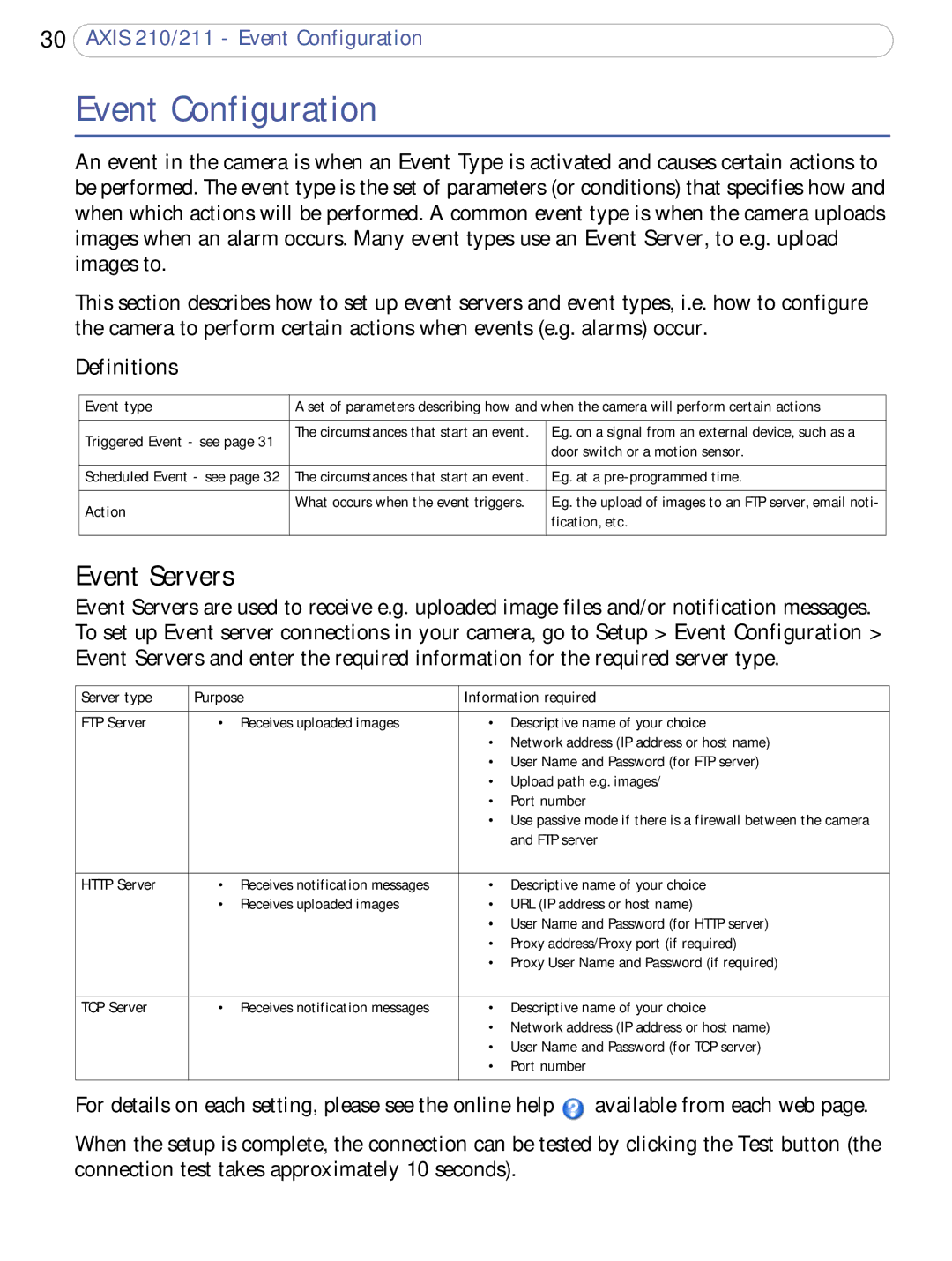 Axis Communications 210/211 user manual Event Configuration, Event Servers, Definitions 