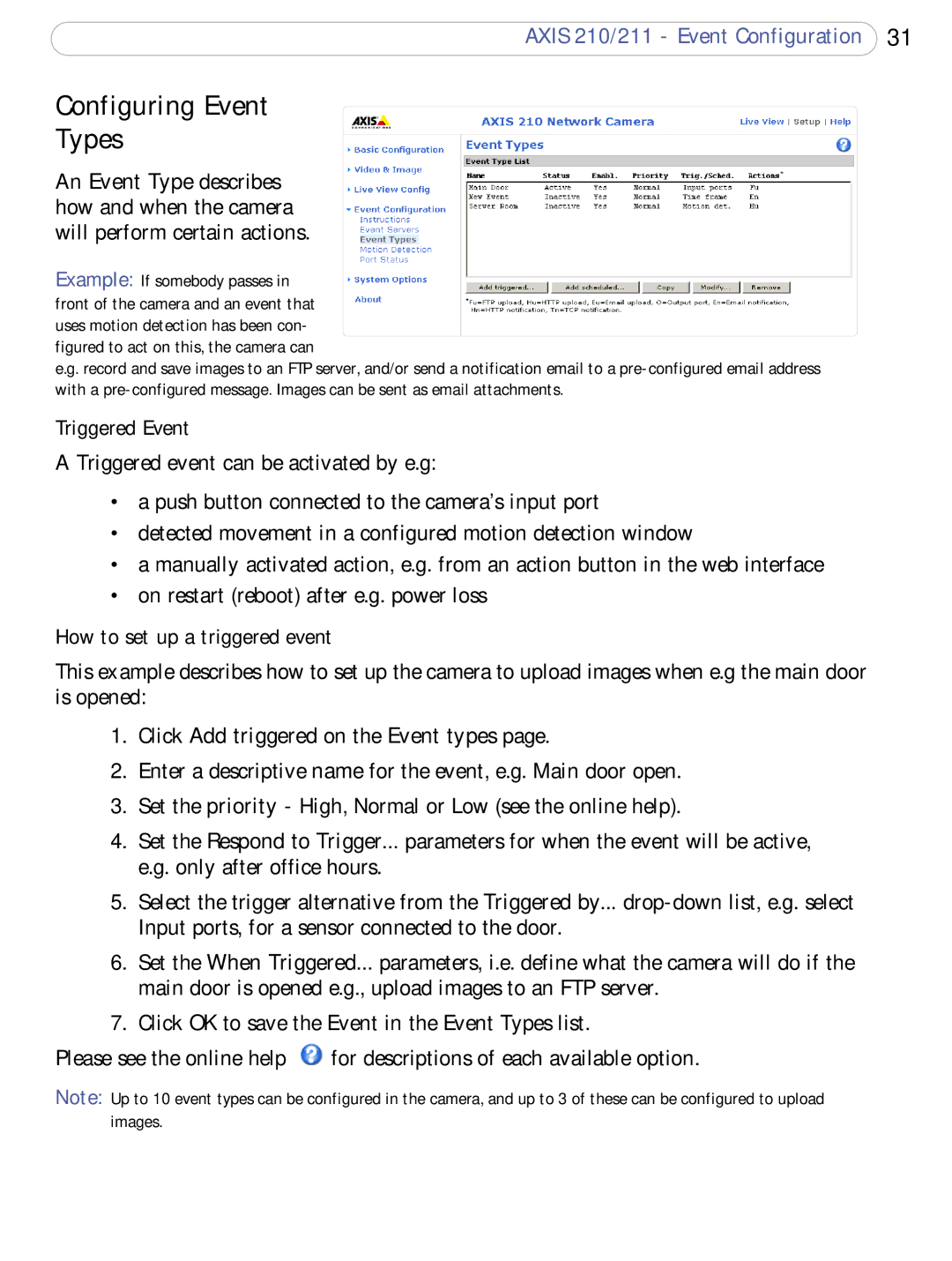 Axis Communications 210/211 user manual Configuring Event Types, Triggered Event, How to set up a triggered event 