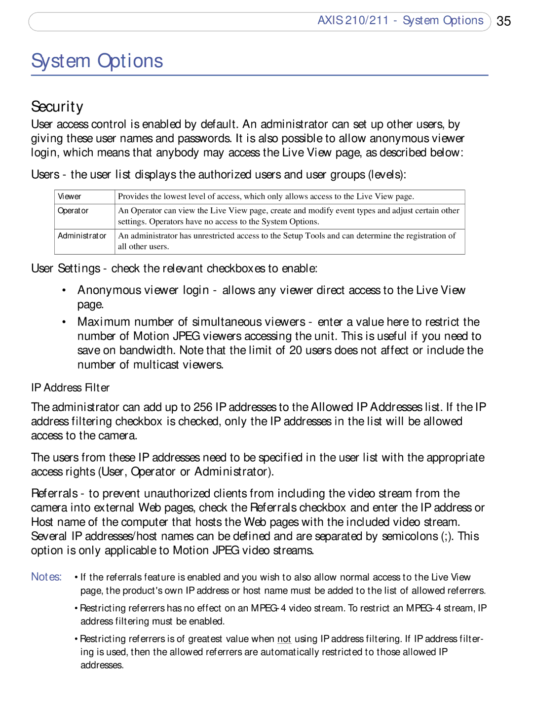 Axis Communications 210/211 user manual System Options, Security, IP Address Filter 