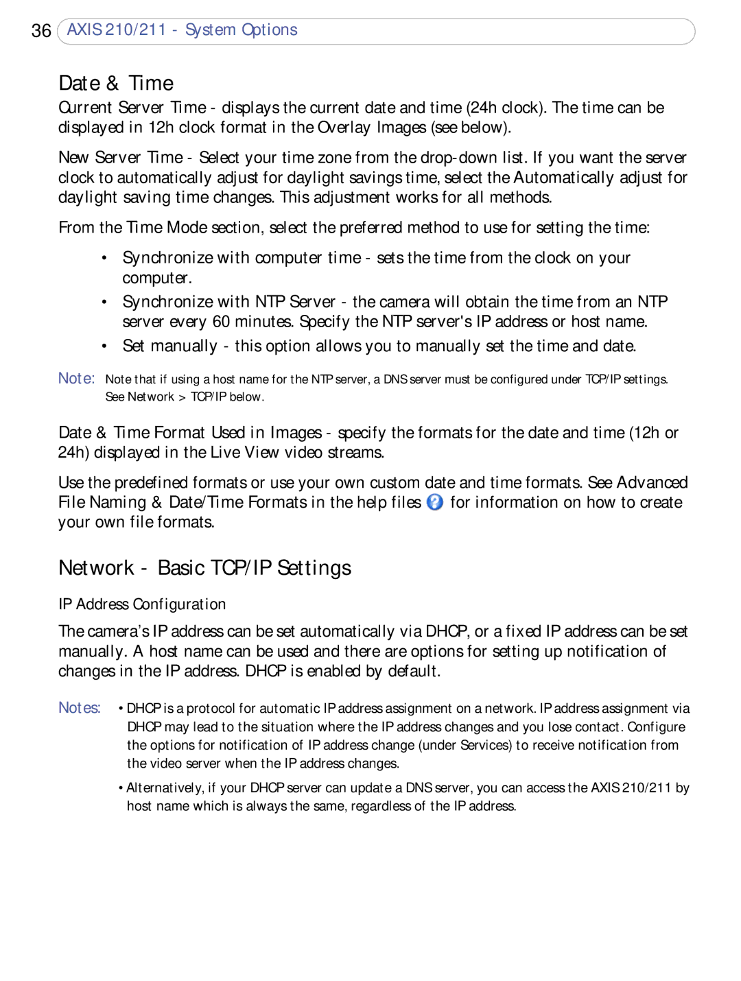 Axis Communications 210/211 user manual Date & Time, Network Basic TCP/IP Settings, IP Address Configuration 