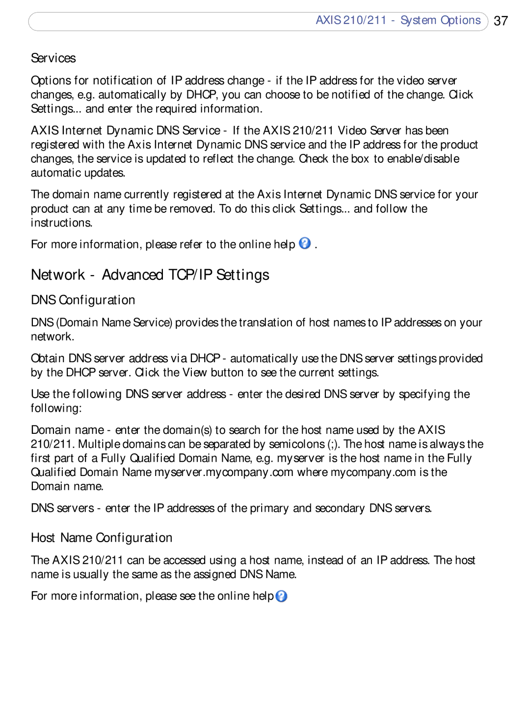 Axis Communications 210/211 Network Advanced TCP/IP Settings, Services, DNS Configuration, Host Name Configuration 