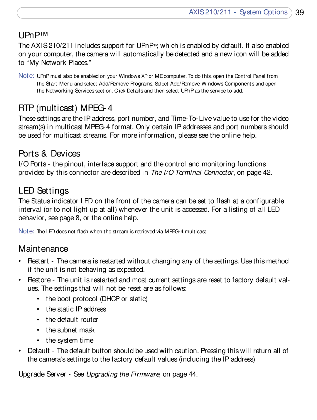 Axis Communications 210/211 user manual UPnP, RTP multicast MPEG-4, Ports & Devices, LED Settings, Maintenance 