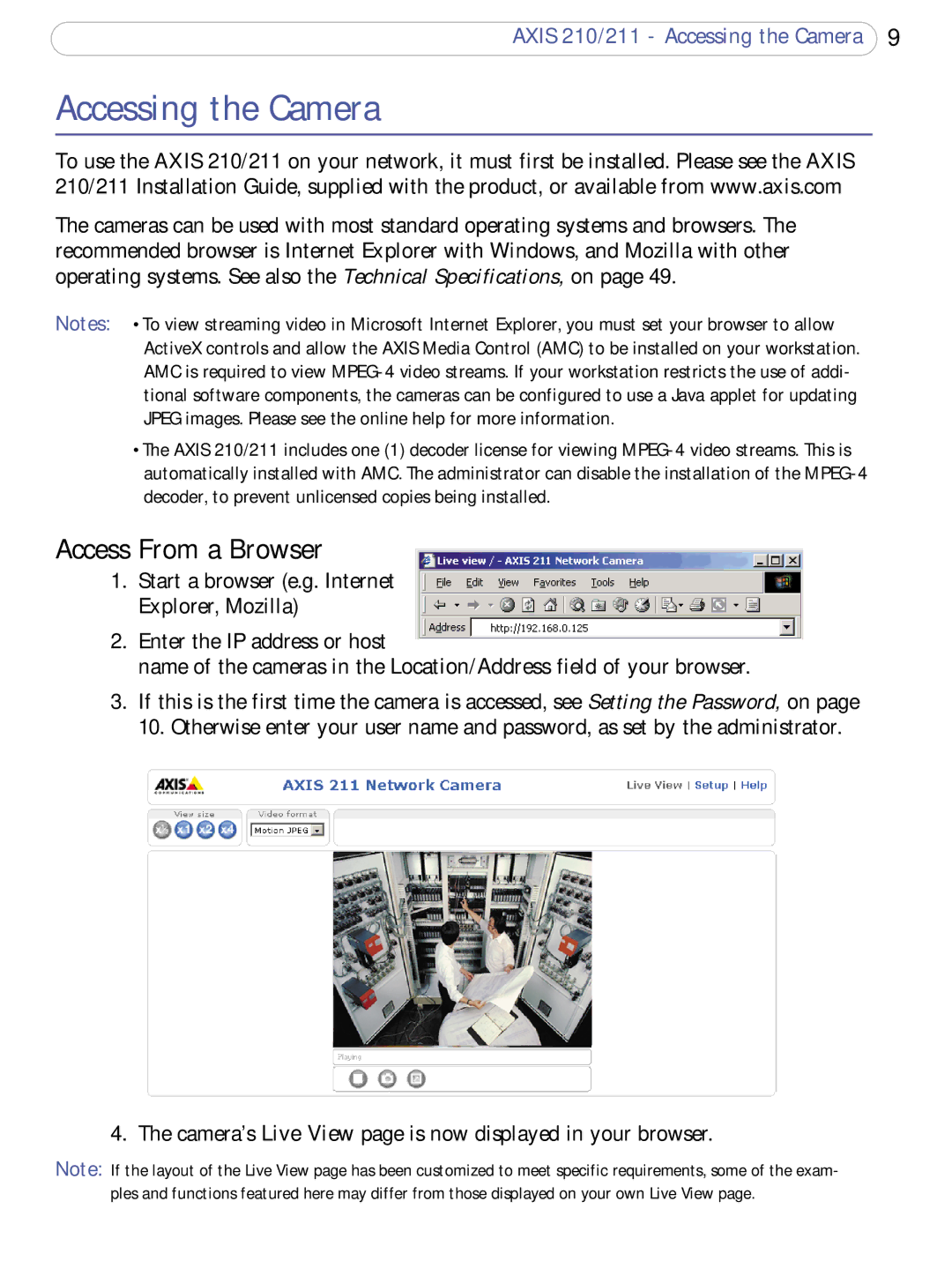 Axis Communications 210/211 user manual Accessing the Camera, Access From a Browser 