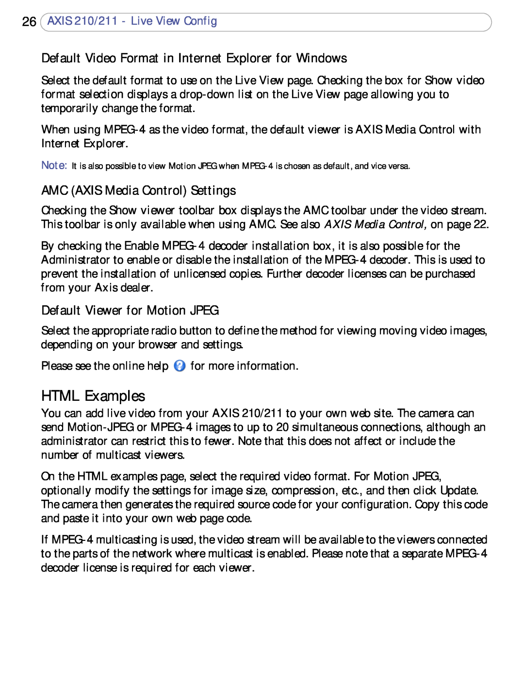 Axis Communications 210/211 user manual HTML Examples, Default Video Format in Internet Explorer for Windows 
