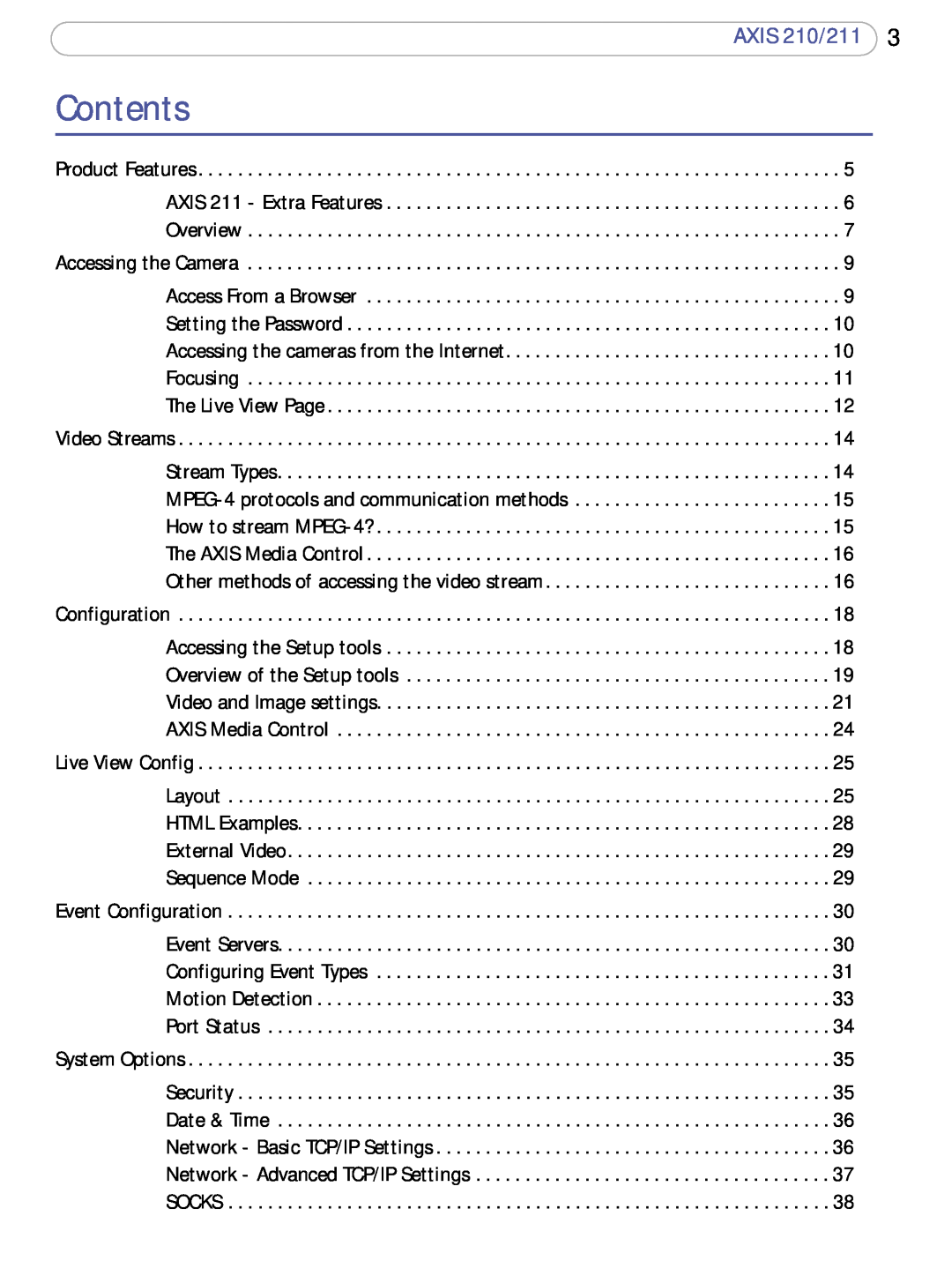 Axis Communications user manual Contents, AXIS 210/211 