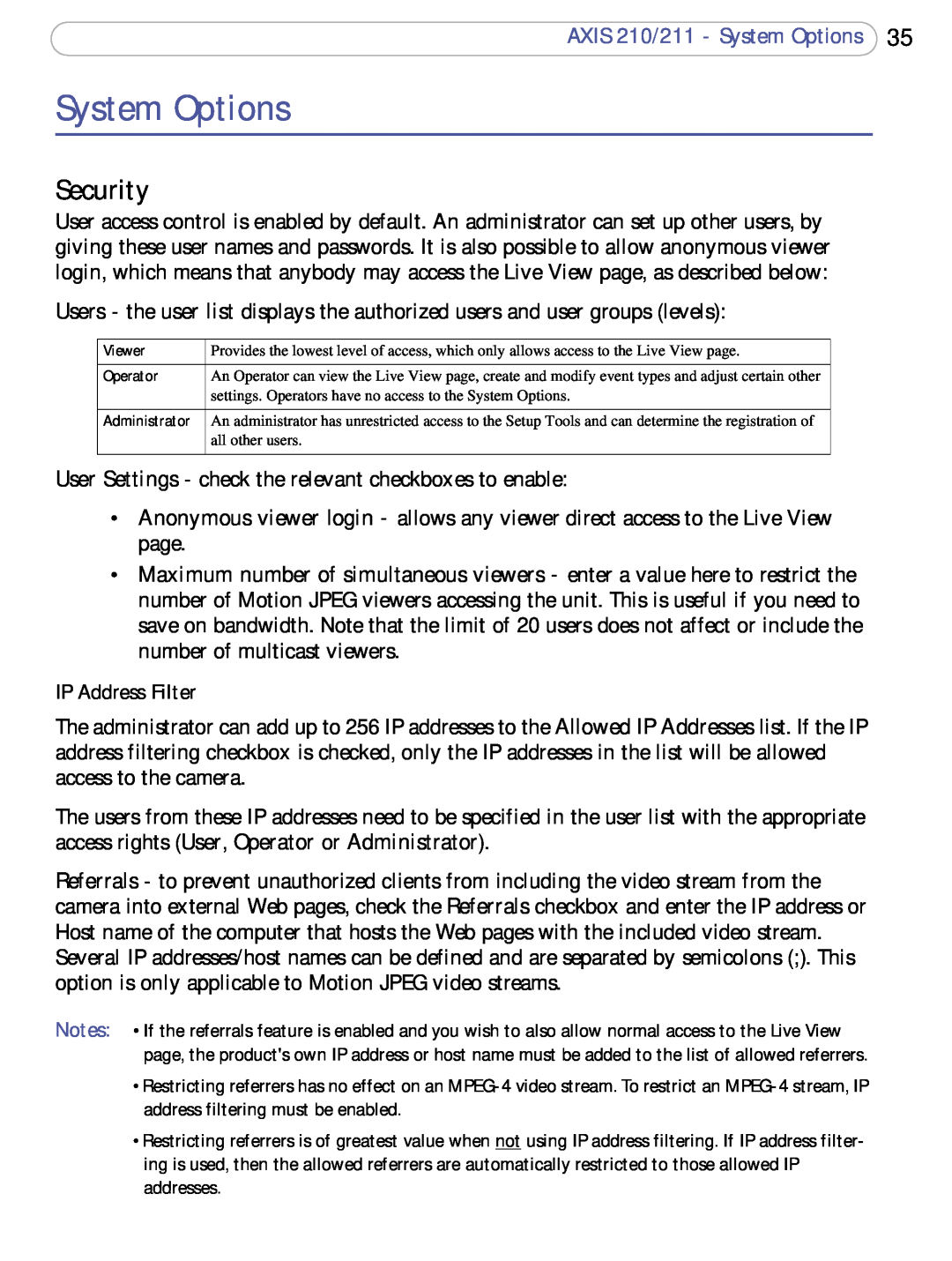 Axis Communications user manual Security, AXIS 210/211 - System Options, IP Address Filter 