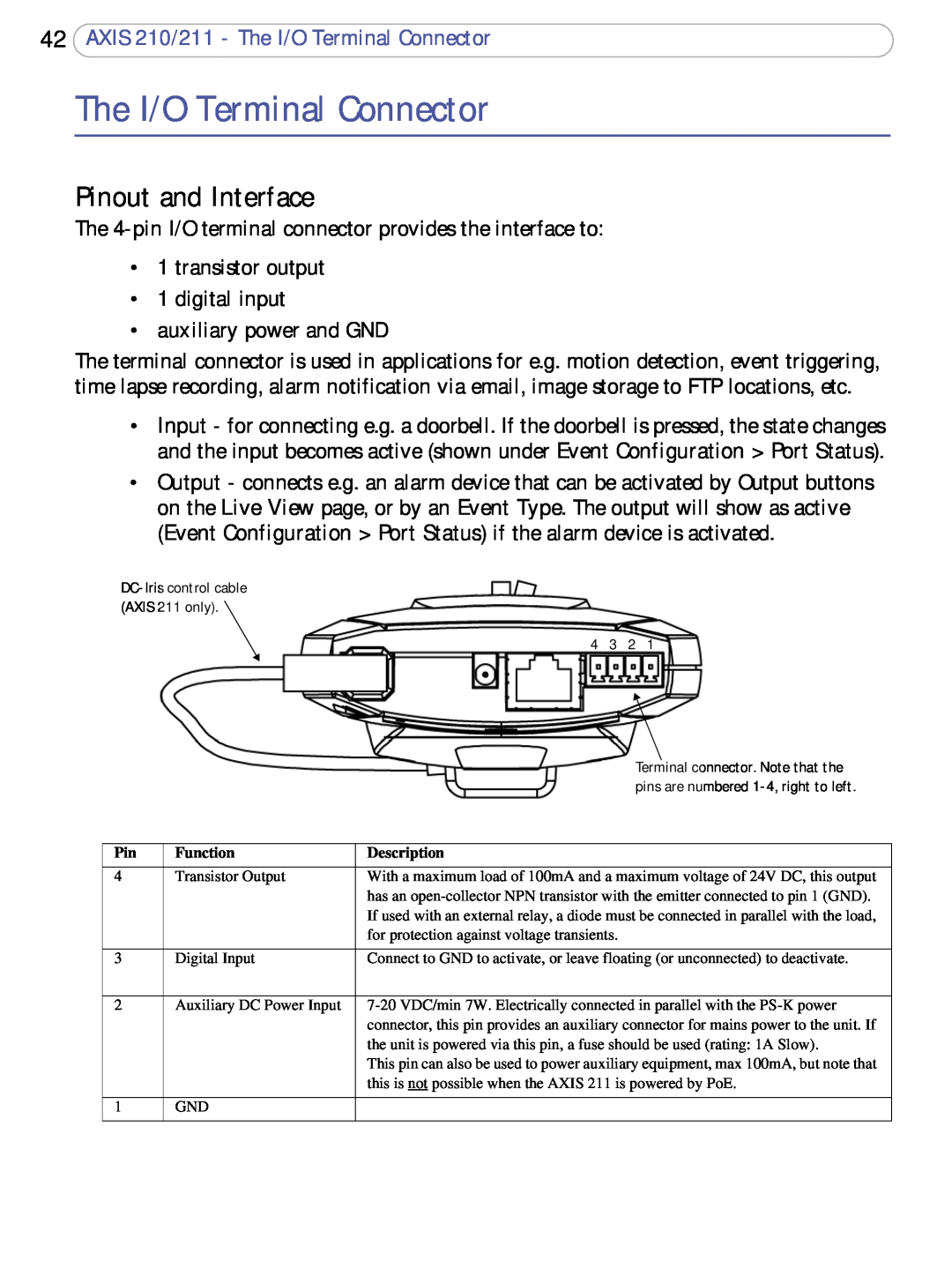 Axis Communications user manual Pinout and Interface, AXIS 210/211 - The I/O Terminal Connector 