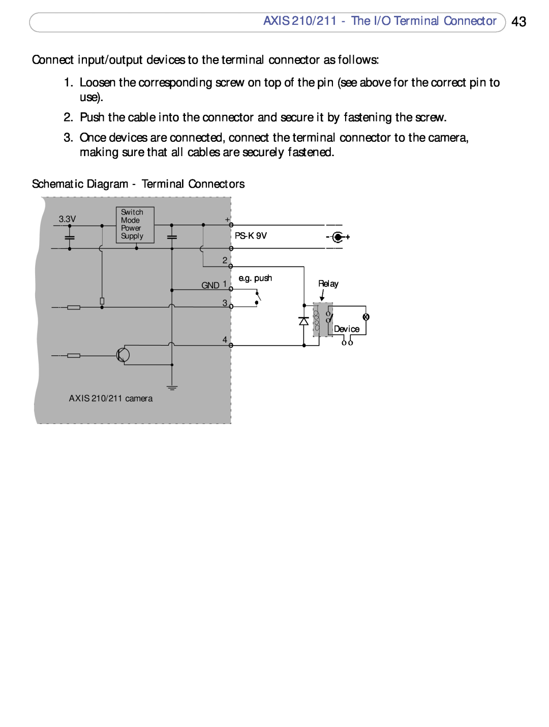 Axis Communications user manual AXIS 210/211 - The I/O Terminal Connector, Schematic Diagram - Terminal Connectors 