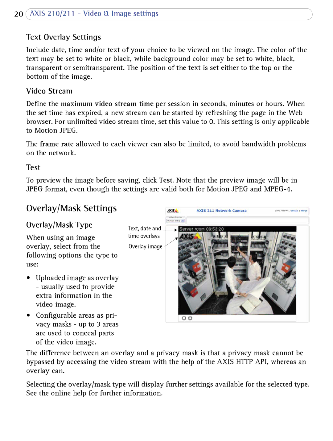 Axis Communications AXIS 210/211 Network Cameras user manual Text Overlay Settings, Video Stream, Test, Overlay/Mask Type 