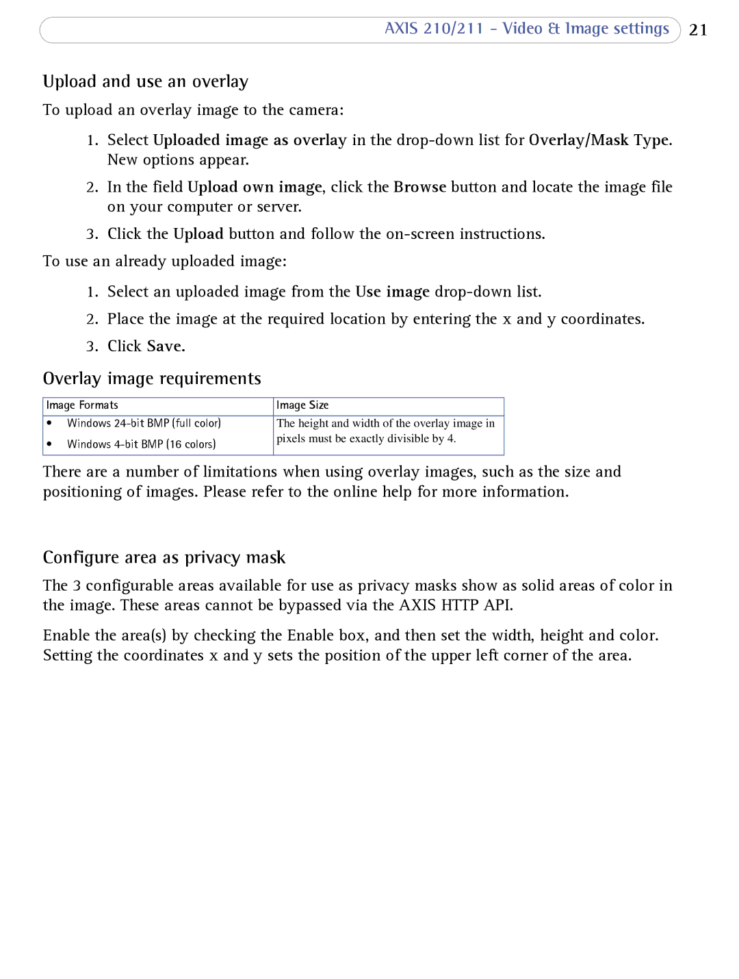Axis Communications 211, 210 Upload and use an overlay, Overlay image requirements, Configure area as privacy mask 