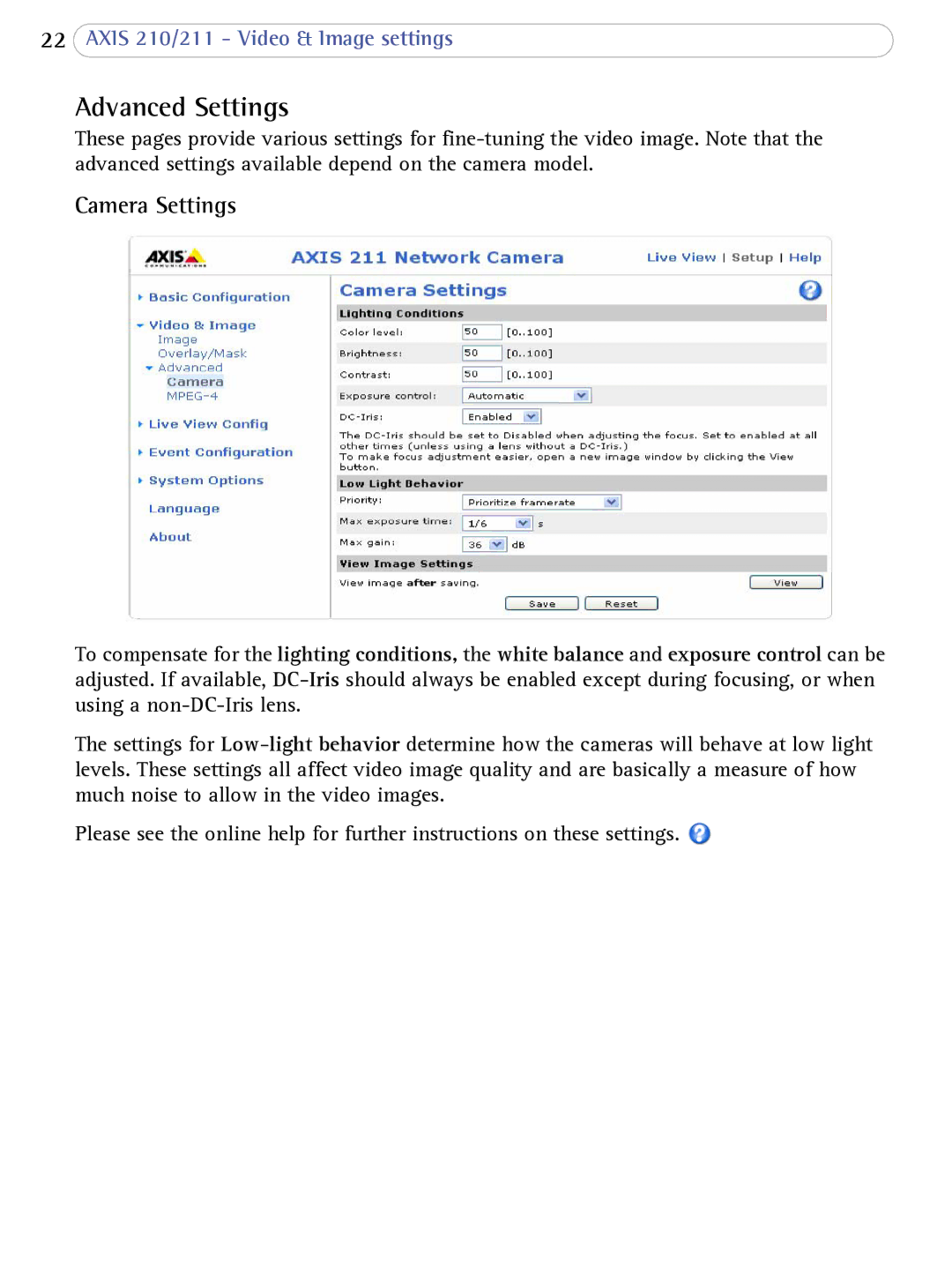 Axis Communications AXIS 210/211 Network Cameras user manual Advanced Settings, Camera Settings 