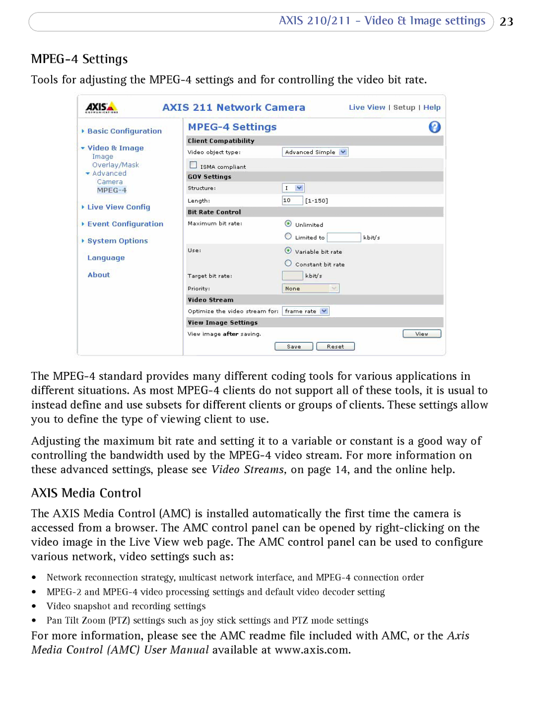 Axis Communications AXIS 210/211 Network Cameras user manual MPEG-4 Settings, Axis Media Control 