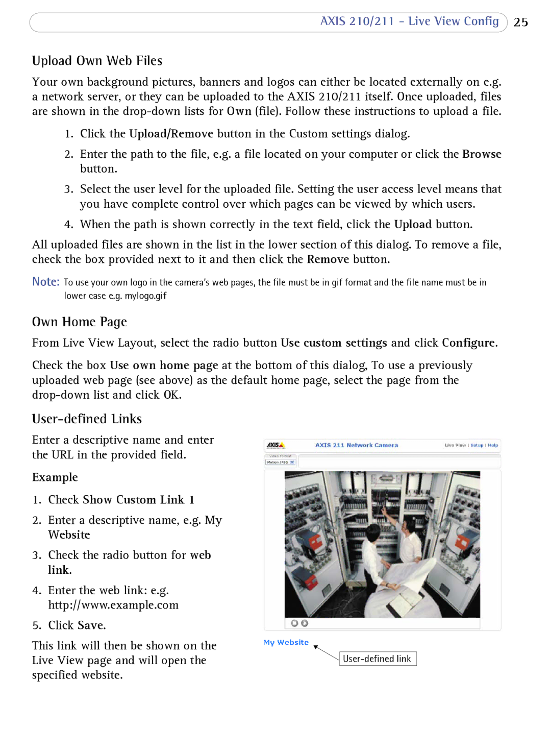 Axis Communications 210, 211 Upload Own Web Files, Own Home, User-defined Links, Example Check Show Custom Link, Website 