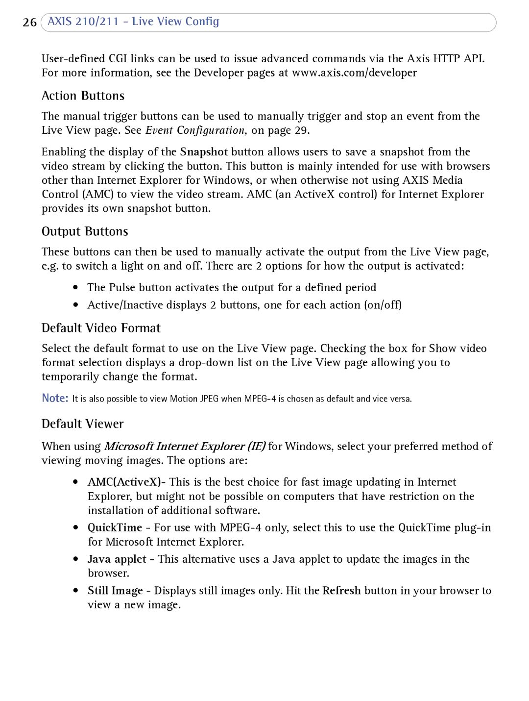 Axis Communications AXIS 210/211 Network Cameras Action Buttons, Output Buttons, Default Video Format, Default Viewer 