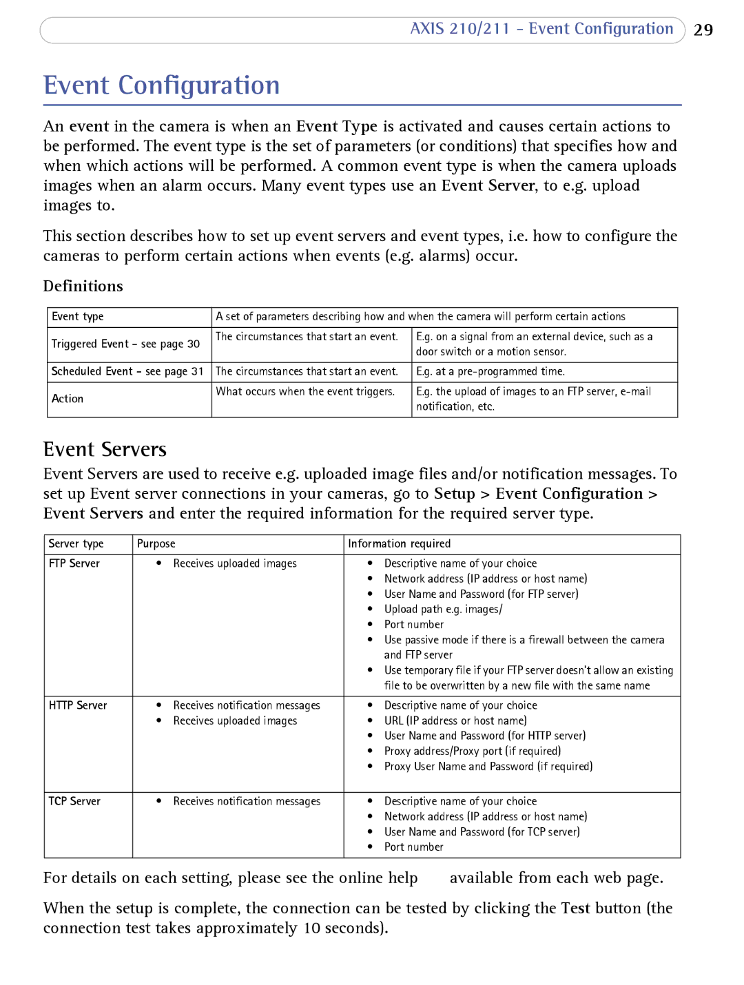 Axis Communications AXIS 210/211 Network Cameras user manual Event Configuration, Event Servers, Definitions 