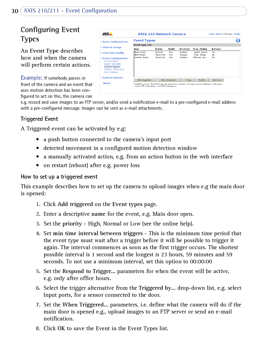 Axis Communications 211, 210 user manual Configuring Event Types, Triggered Event, How to set up a triggered event 