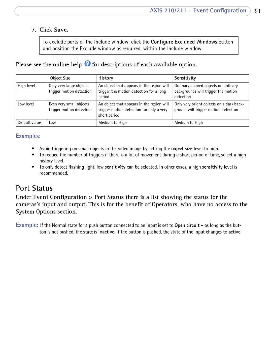 Axis Communications AXIS 210/211 Network Cameras user manual Port Status, Object Size 