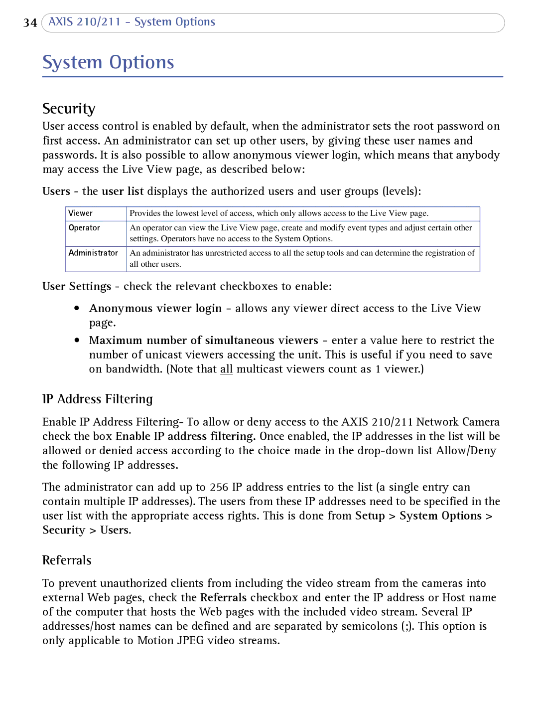 Axis Communications AXIS 210/211 Network Cameras System Options, Security, IP Address Filtering, Referrals 