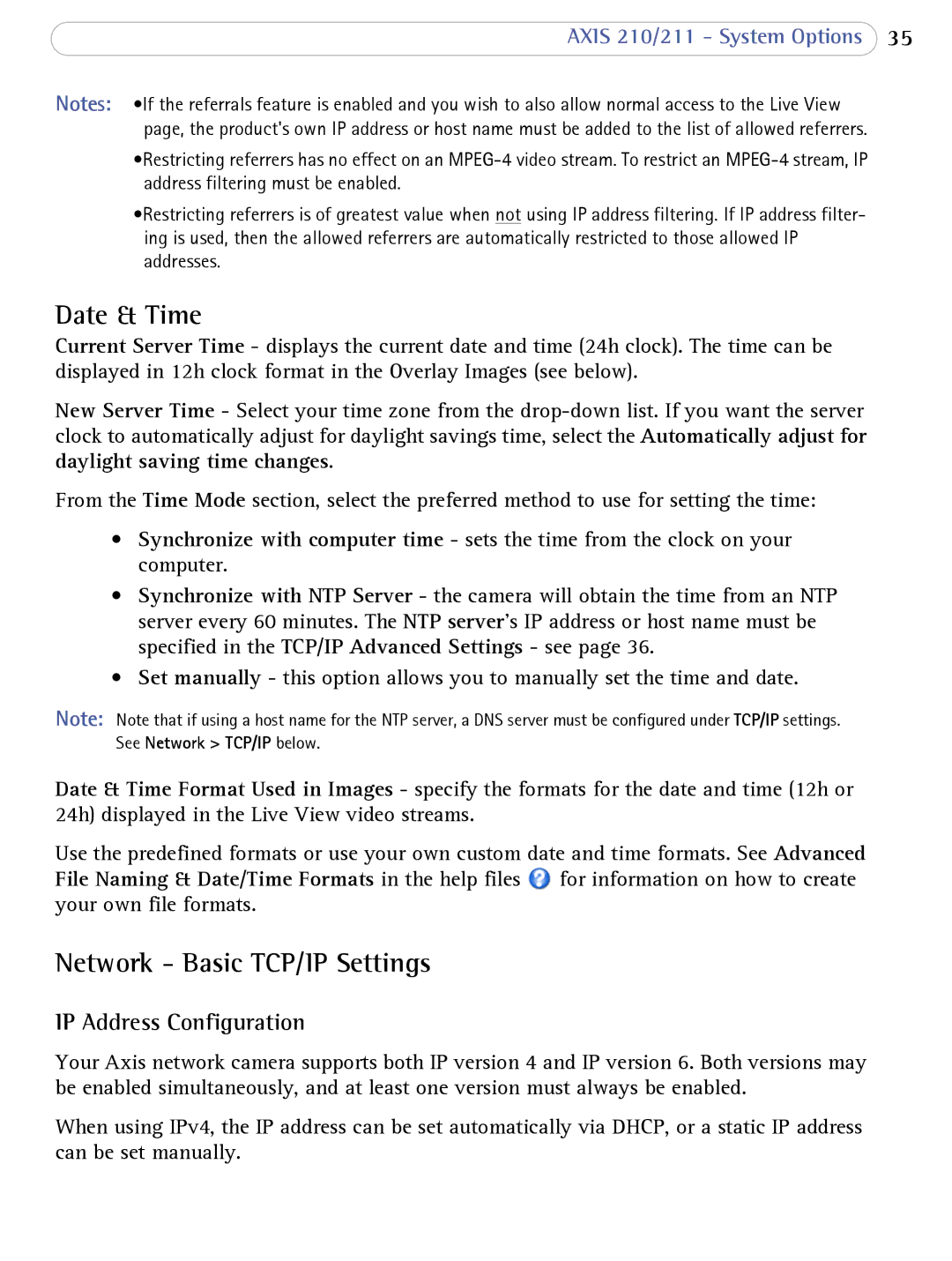 Axis Communications AXIS 210/211 Network Cameras Date & Time, Network Basic TCP/IP Settings, IP Address Configuration 